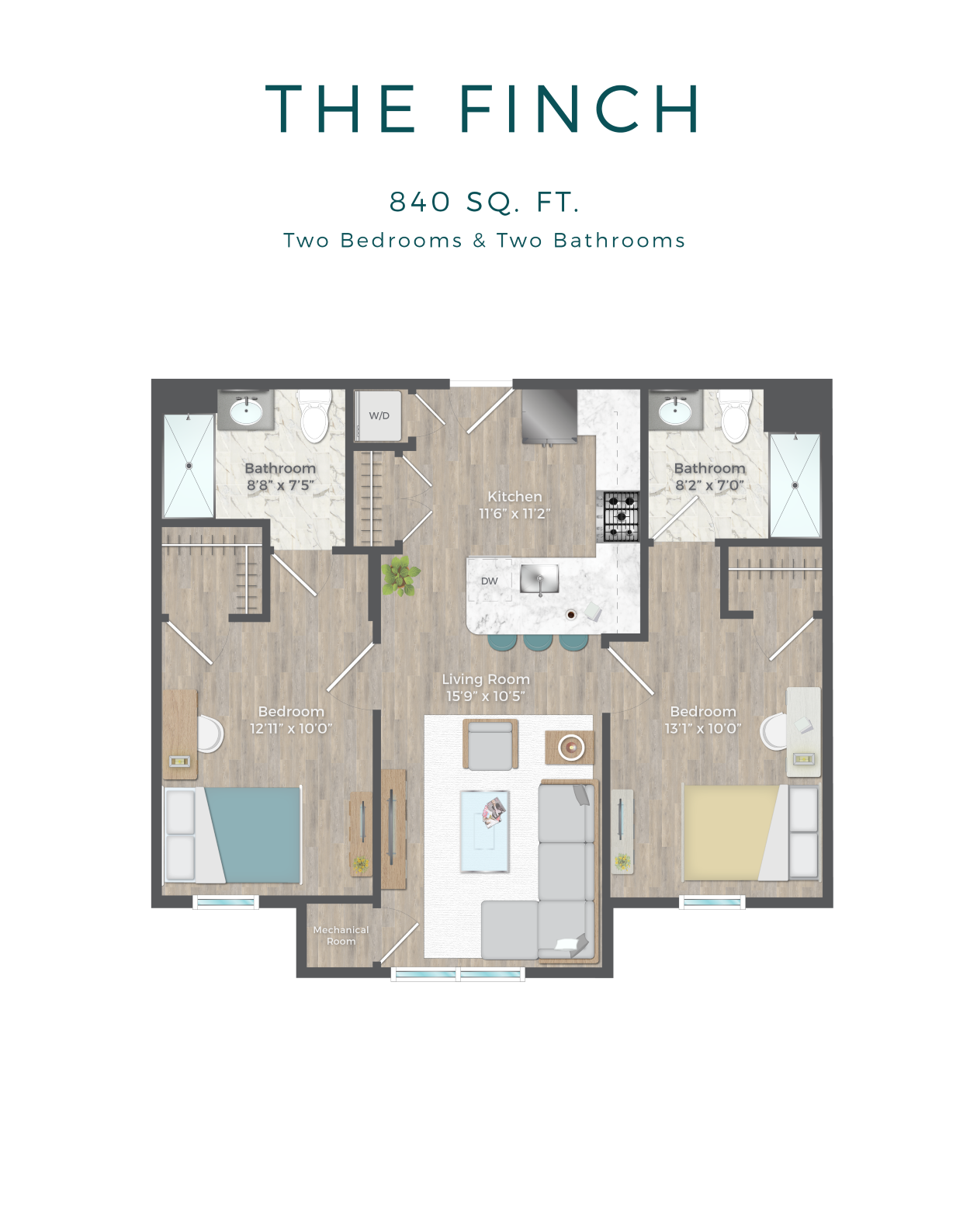 Floor plan for 2 beds, 2 baths, 845 sqft